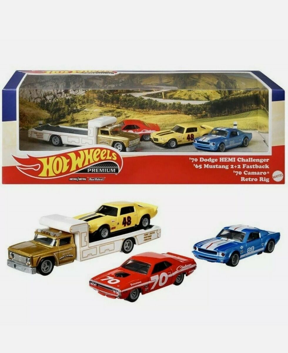 HE HotWheels Premium ‘70 Dodge HEMI challenger, ‘65 Mustang 2+2 Fastback, ‘70 Camaro, Retro Rig