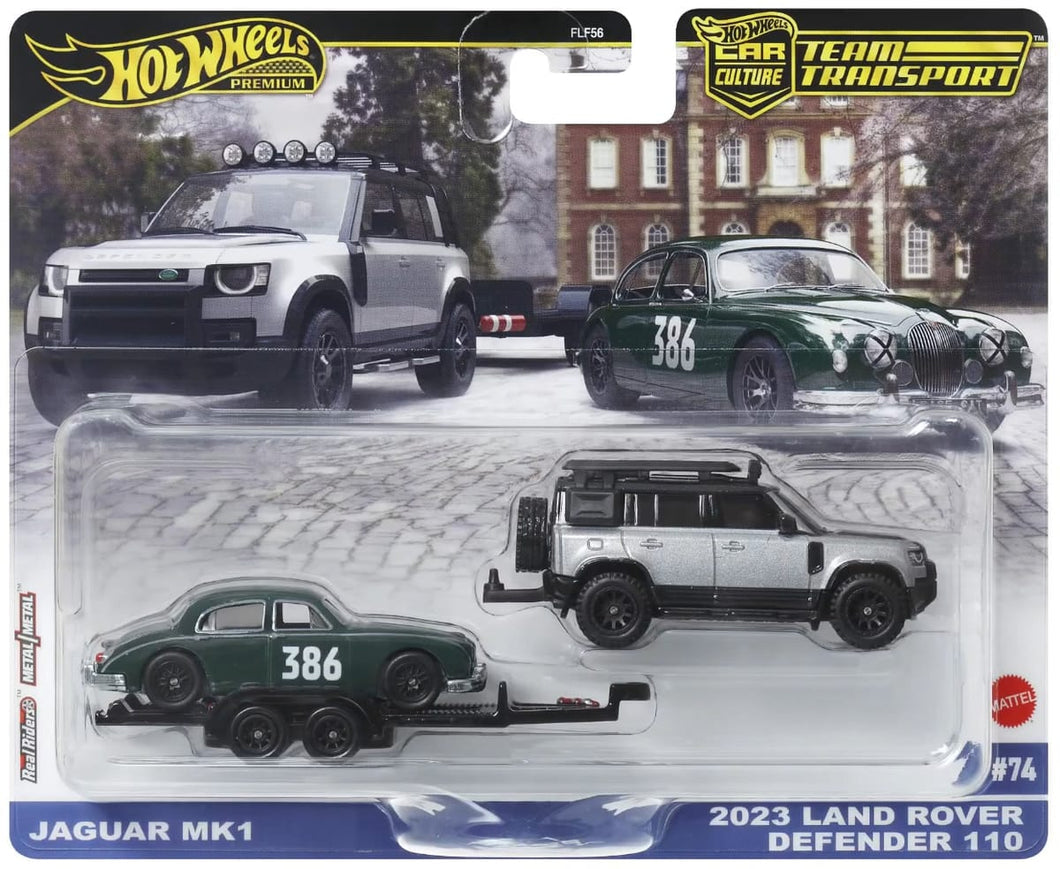 HotWheels Premium Car Culture Team Transport Jaguar MK1 & 2023 Land Rover Defender 110 HE