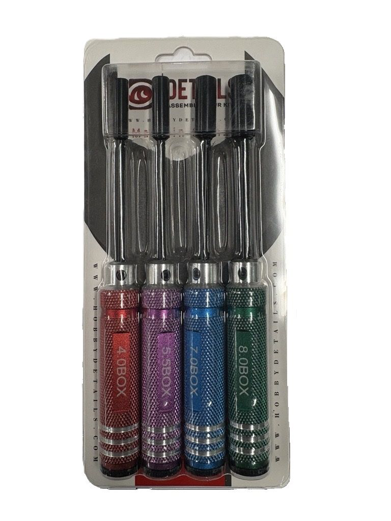 HDTT11022-3 Hobby Details Nut Drivers Set, Multi Coloured Handle - 4pcs - 4.0mm, 5.5mm, 7.0mm, 8.0mm - 180mm Long