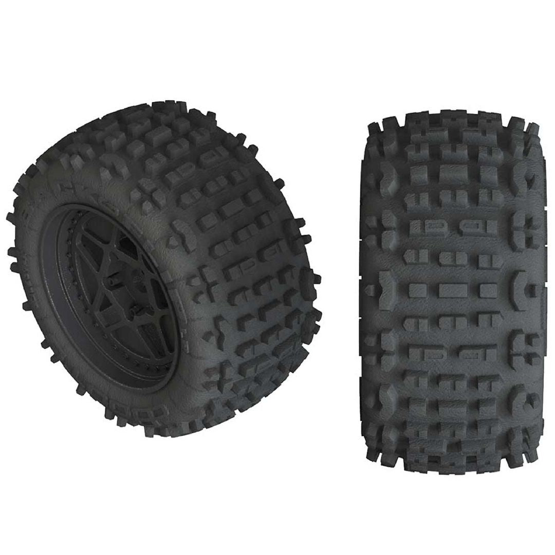 ARAC9468 Arrma 'Backflip LP 4S' Tire, 17mm Hex, Black Wheel, OD 6.10"(2)