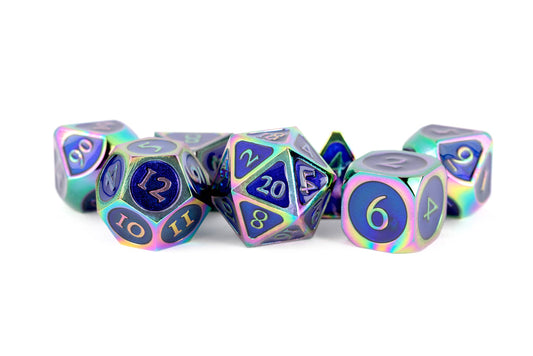 MDG 16mm Metal Poly Dice Set Rainbow w/ Blue Enamel