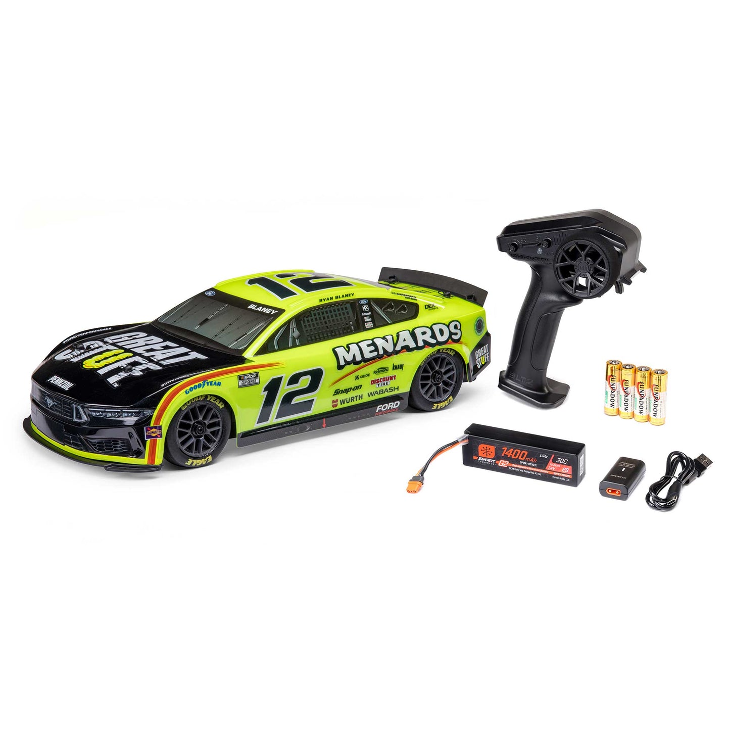 LOS1122412 1/12 NASCAR RC Racecar Ryan Blaney No. 12 2024 Menards Ford Mustang 2S AWD RTR Brushed On-Road (Battery & Charger Included), Yellow