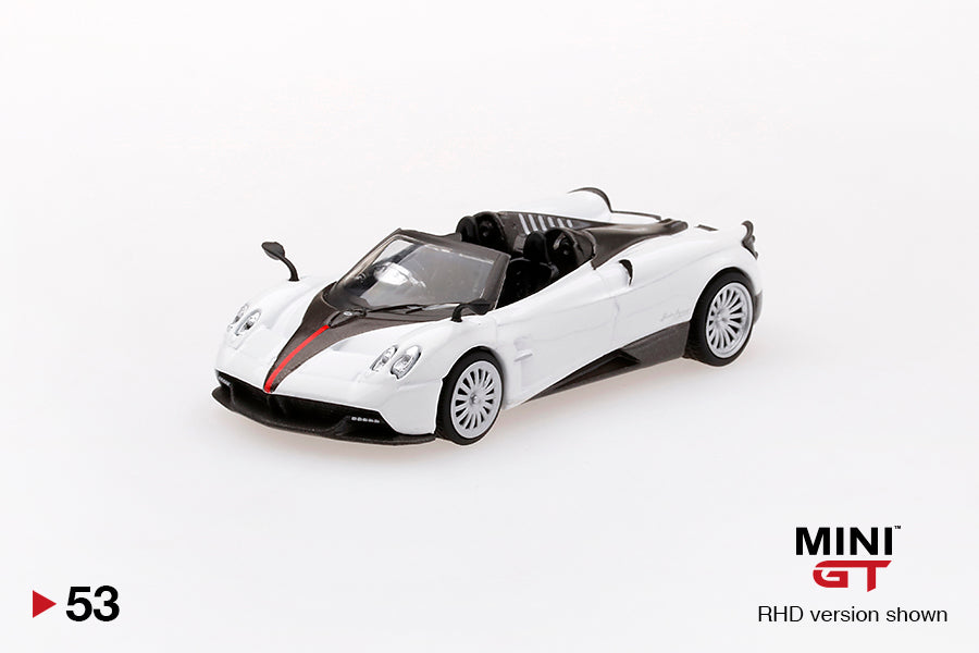 Mini GT #53 Pagani Huayra Roadster White W/ Black Stripe RHD - HK Exclusives HE