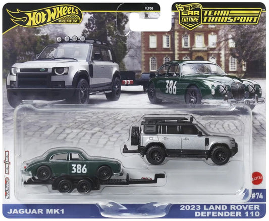 HotWheels Premium Car Culture Team Transport Jaguar MK1 & 2023 Land Rover Defender 110 HE