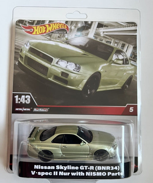 HotWheels Premium Real Riders 1:43 Nissan Skyline GT-R (BNR34) V.Spec II Nur With Nismo Parts HE
