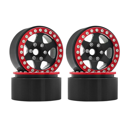 HDTCW04001F Hobby Details 1.9"Aluminum Wheels-6 Star (4) Black / Red Ring