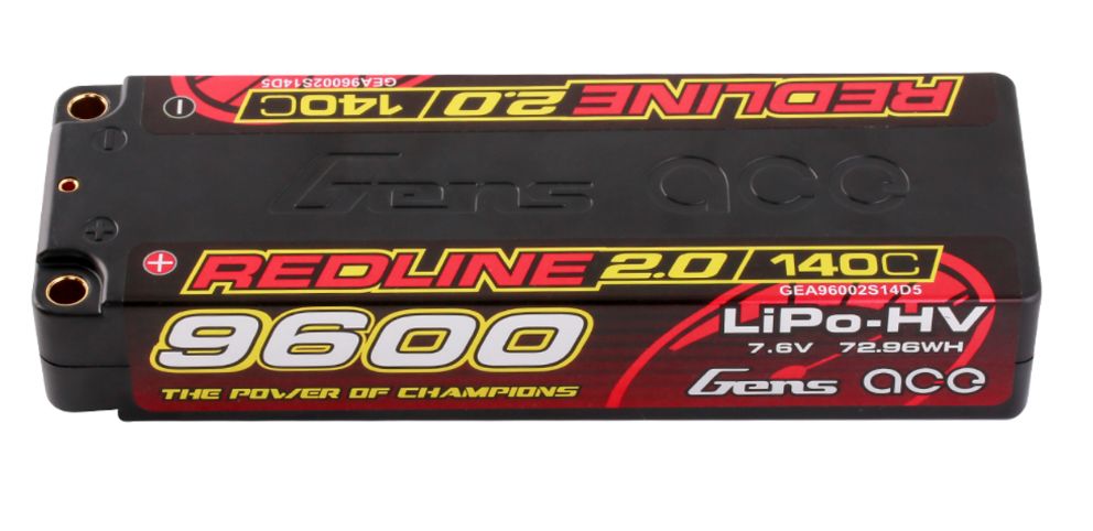GEA96002S14D5 Gens Ace Redline 2.0 9600mAh 2S 7.6V 140C LiPo w/ 5.0mm Bullet