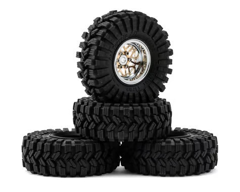INJYQW-MW1014SR-1014 Injora 1.0" Deep Dish Aluminum Micro Crawler Beadlock Wheels w/Swamp Claw Tires (S5) (Gold/Chrome) (4) (37g ea) (62mm OD)