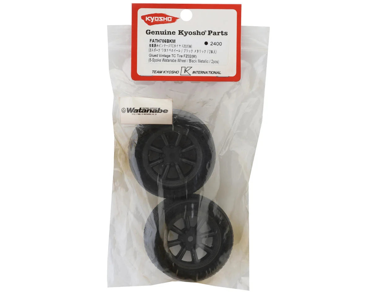 FATH706BKM Kyosho Fazer FZ02 Pre-Mounted Vintage TC Tire w/8-Spoke Racing Wheel (Black) (2) w/12mm Hex
