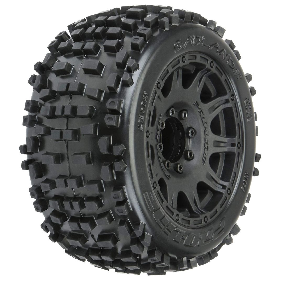 117810 Pro-Line Badlands 3.8" All Terrain Tires Mounted on Raid Black 8x32 Removable Hex Wheels for 17 mm MT Front or Rear