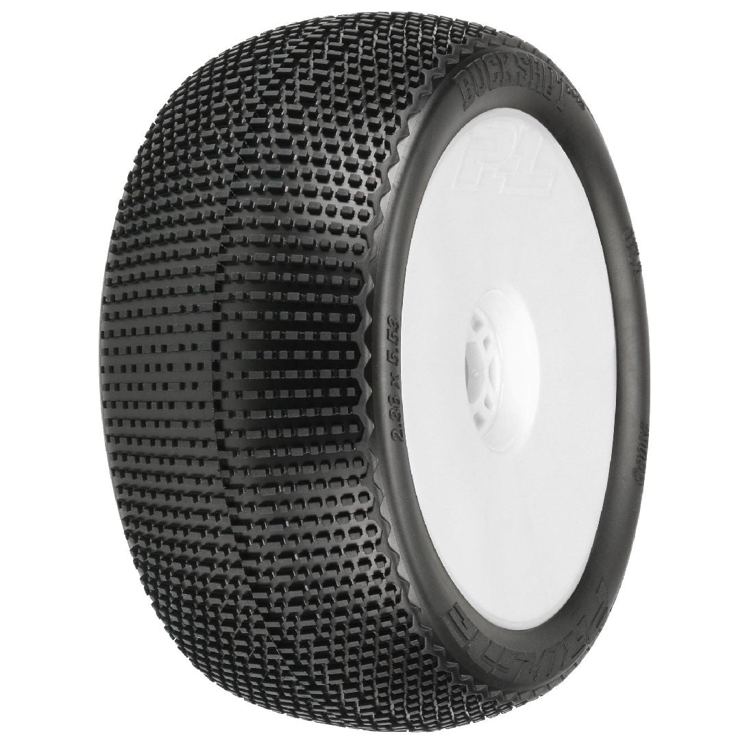 PRO9063233 Pro-Line Buck Shot 4.0" (Soft) Tires on White 0 Offset Whls (2)